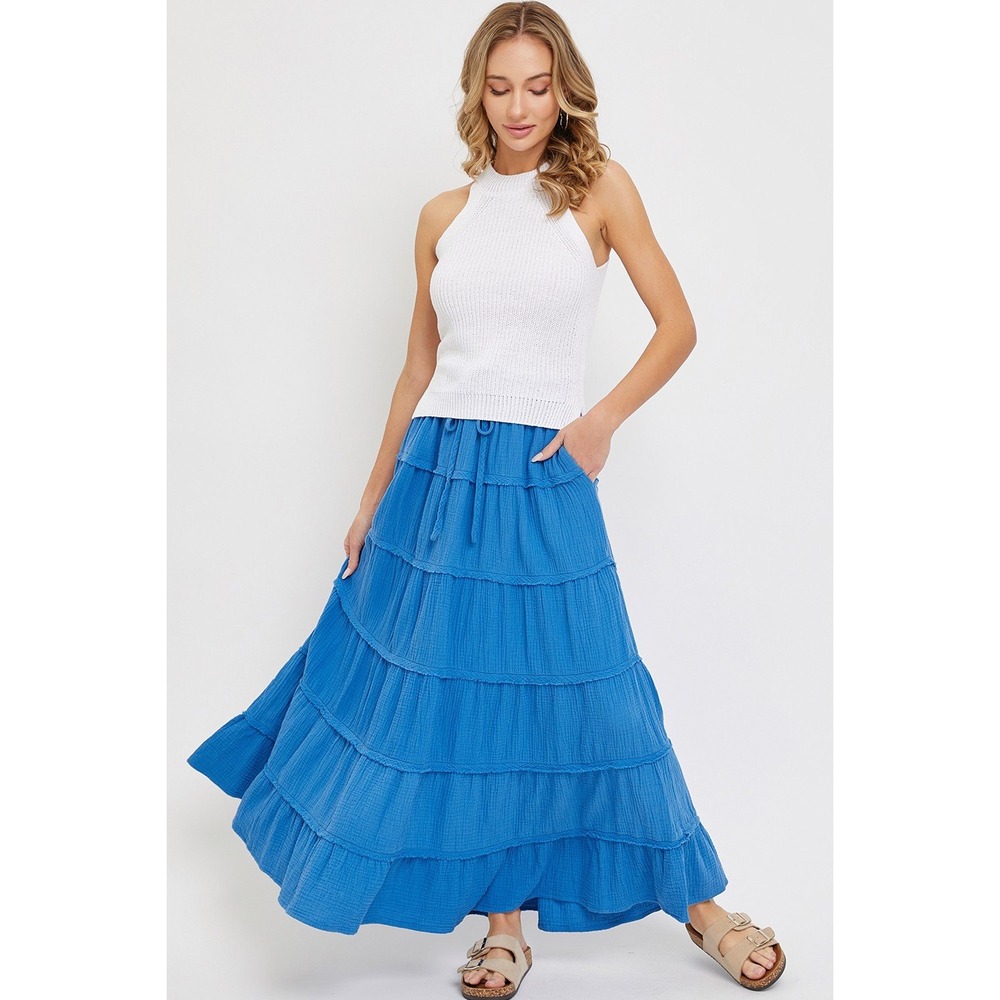 Tiered Gauze Maxi Skirt Womens M Pink New Boho Ruffle Drawstring